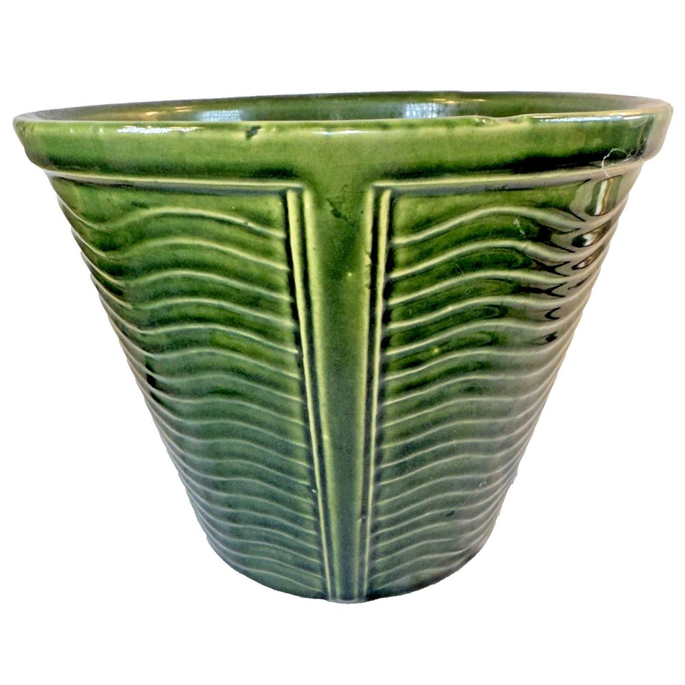 Mid-Century Green McCoy Pottery Ripple Wave Flower Pot Planter USA
